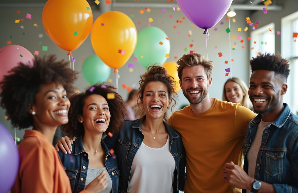 A group of happy smiling employees hugging, at a company party, with colorful baloons and confetti in the background.