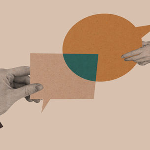 Two hands exchange speech bubbles, one orange and circular, the other beige and square. Beige background, vintage collage style.