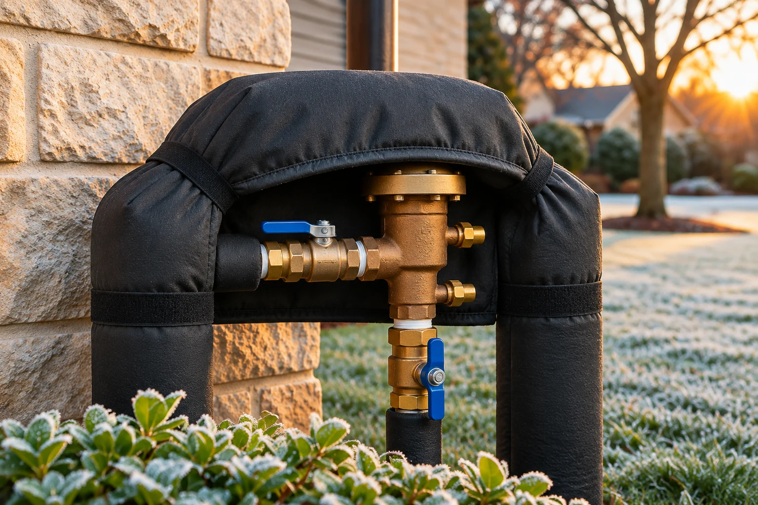 Illustrative winterization scene with an insulated 765-style pressure vacuum breaker, frosted shrubs and a Texas home at sunrise