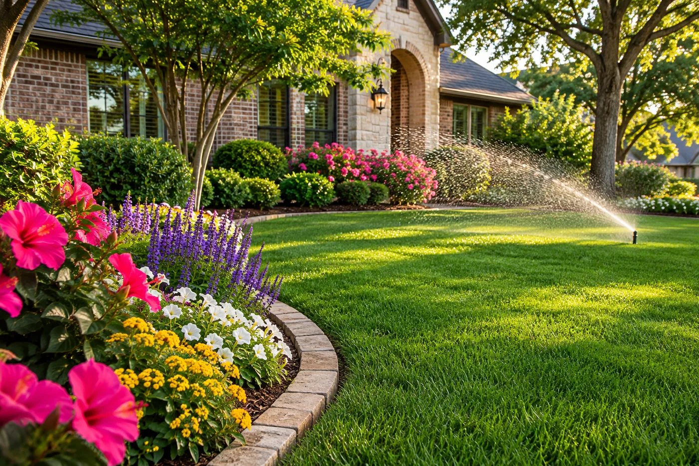 Beautiful residential landscape with lush green lawn, colorful flowers and a sprinkler watering the grass