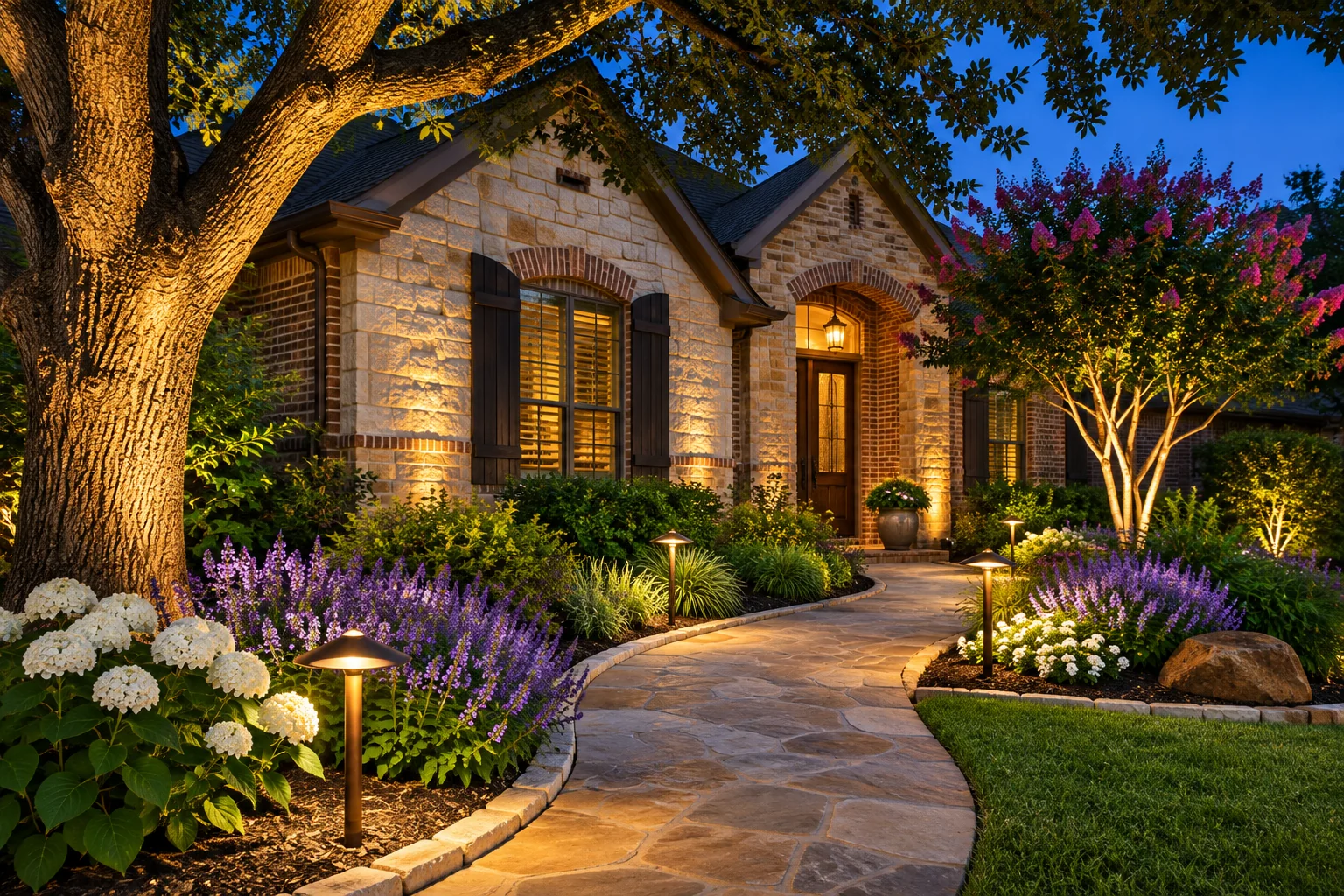 Conceptual nighttime landscape lighting with warm tree uplights, softly lit flower beds and pathway lights in front of a stone residence