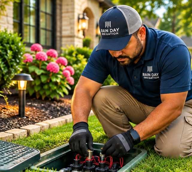 Illustrative scene of an irrigation technician inspecting sprinkler valve wiring in a landscaped residential yard