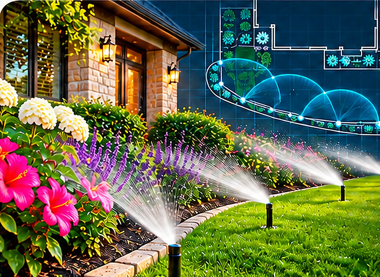 Concept illustration combining a residential landscape with a CAD-style irrigation coverage plan