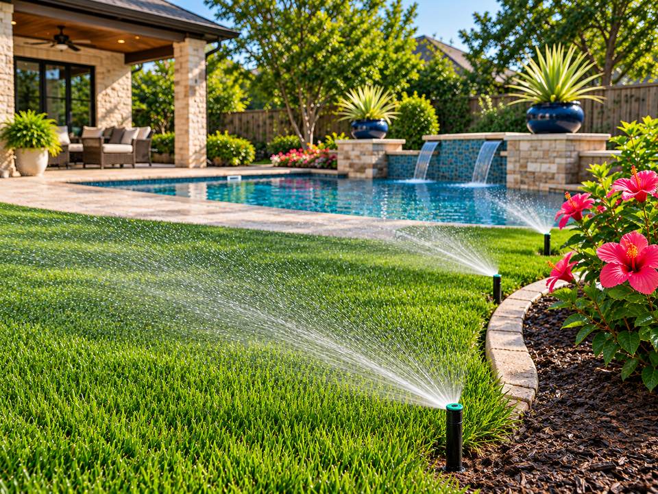 Sprinkler heads watering lawn beside a residential pool