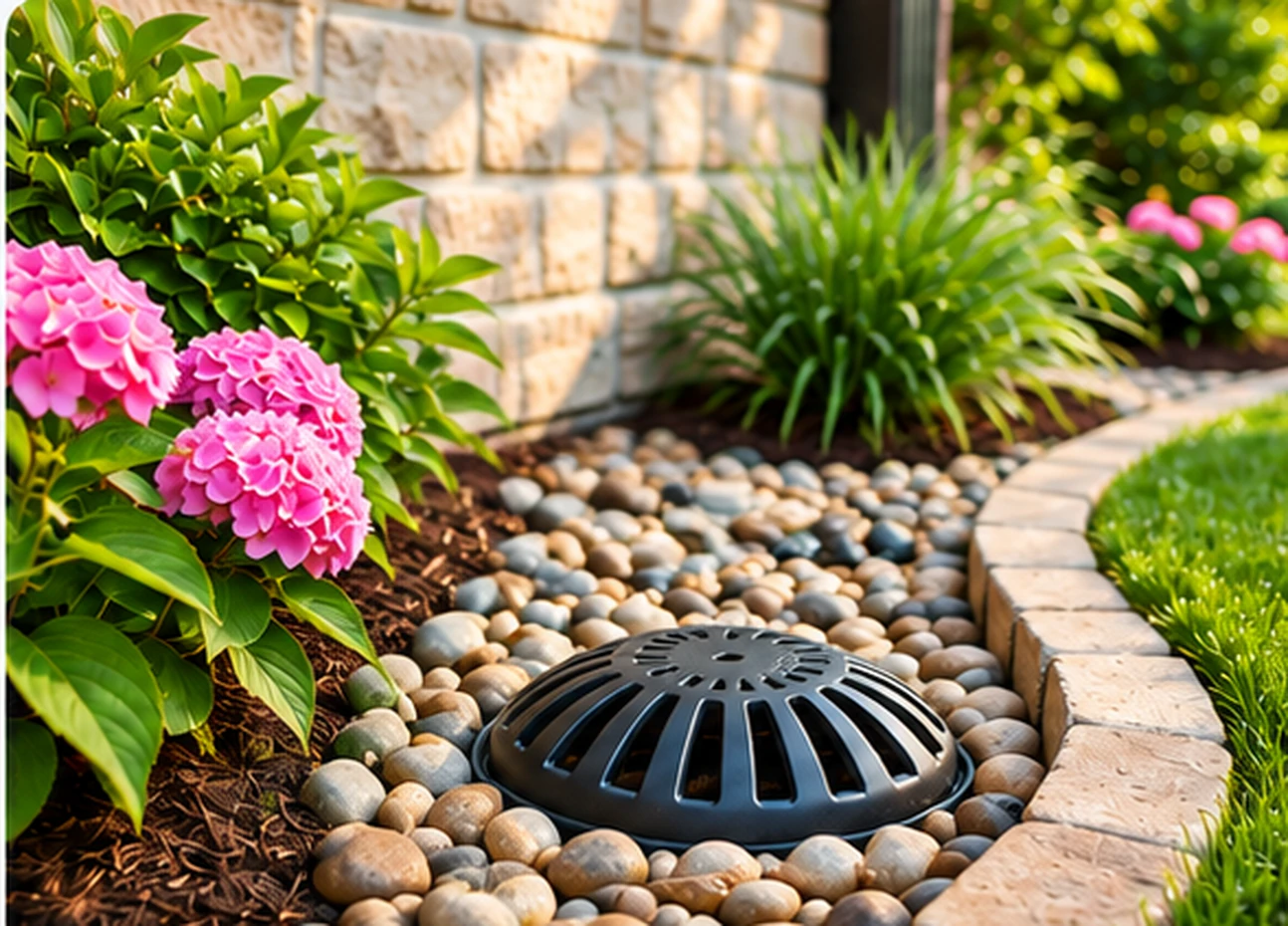 Finished residential drainage installation with a black domed catch basin among decorative stones, pink flowers and lush landscaping; underground solid PVC piping is concealed