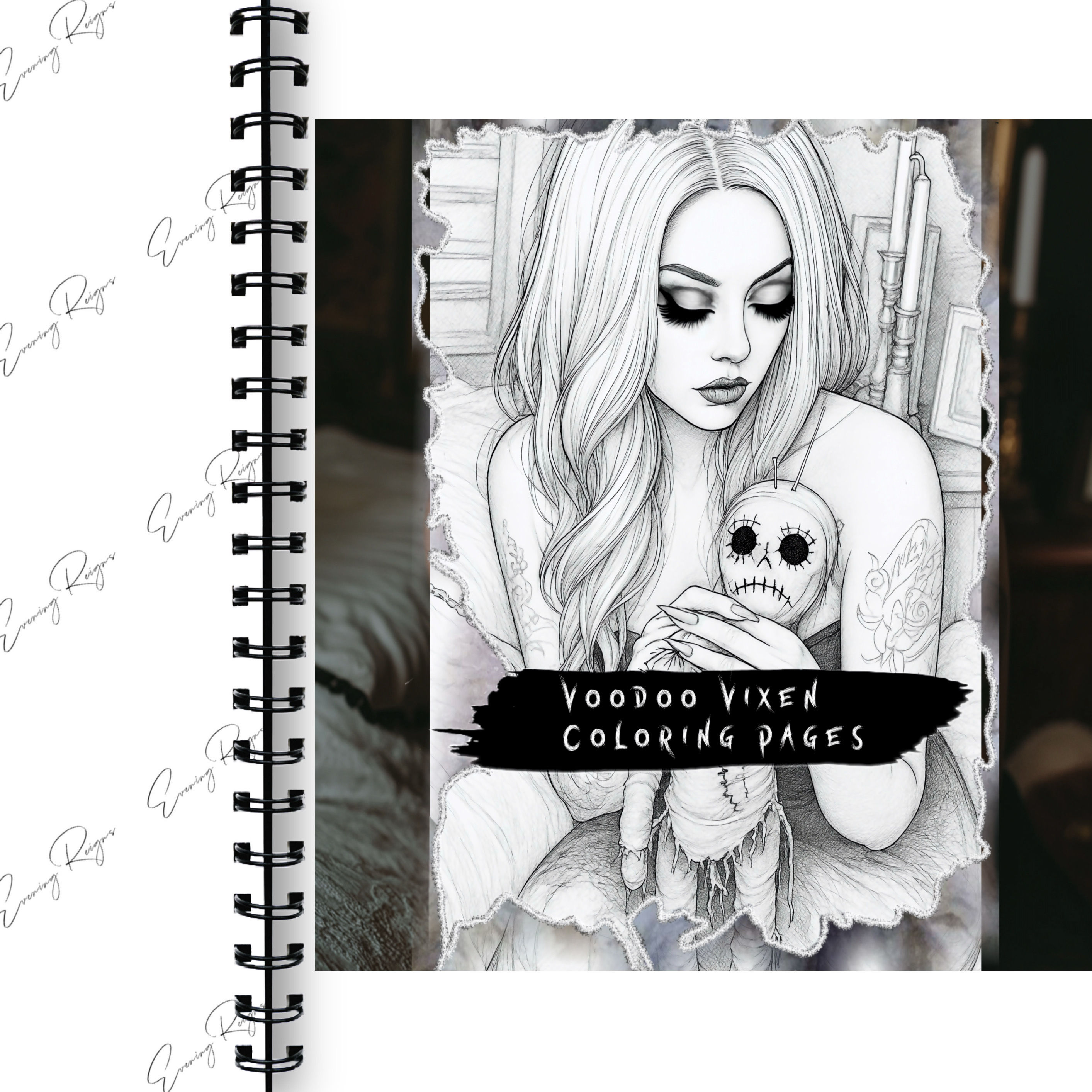 Voodoo Vixen Coloring Pages | Gothic Doll Witch Art Bundle