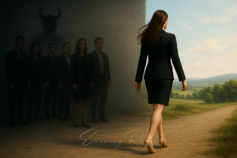 A woman in business attire walks toward a sunny field, leaving a dark room with shadowy figures and a demonic silhouette behind. Text: Evening Reigns.