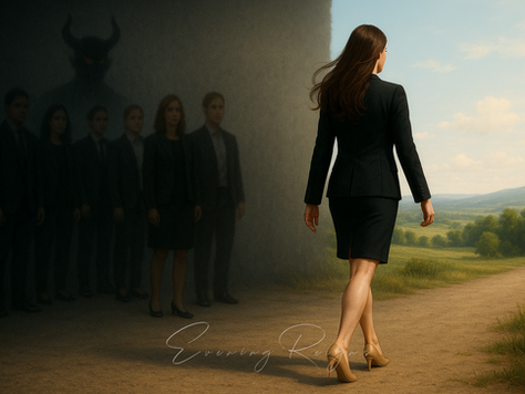 A woman in business attire walks toward a sunny field, leaving a dark room with shadowy figures and a demonic silhouette behind. Text: Evening Reigns.