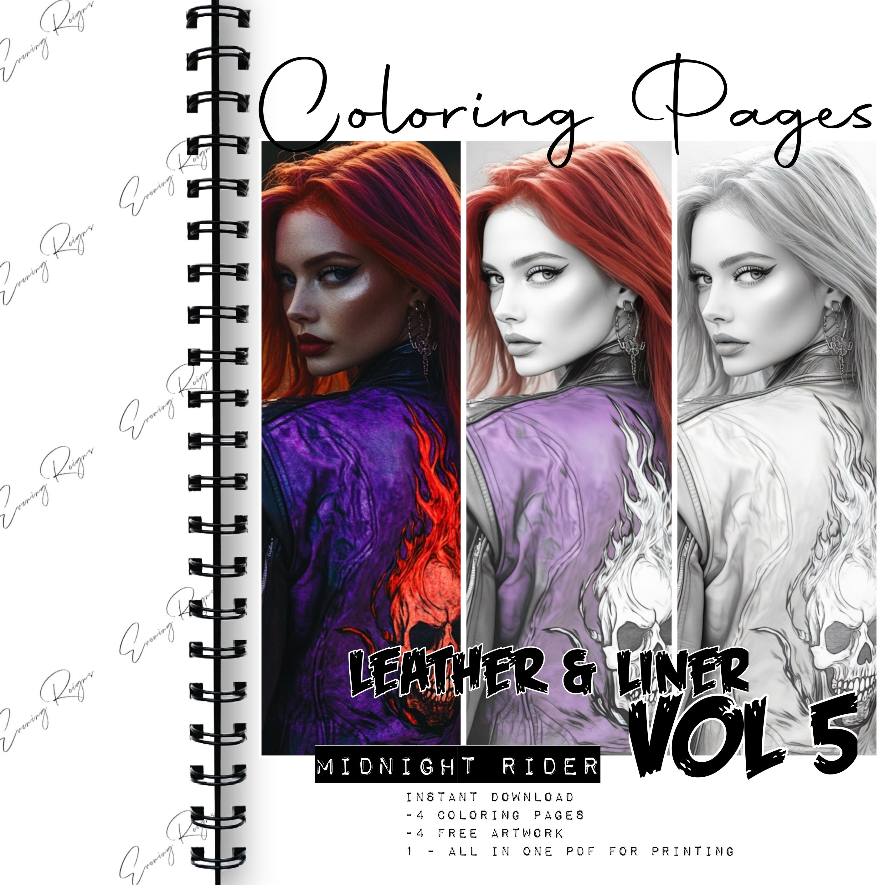 Leather & Liner Vol 5 Midnight Rider Coloring Pages | Biker Girl Skull Art |