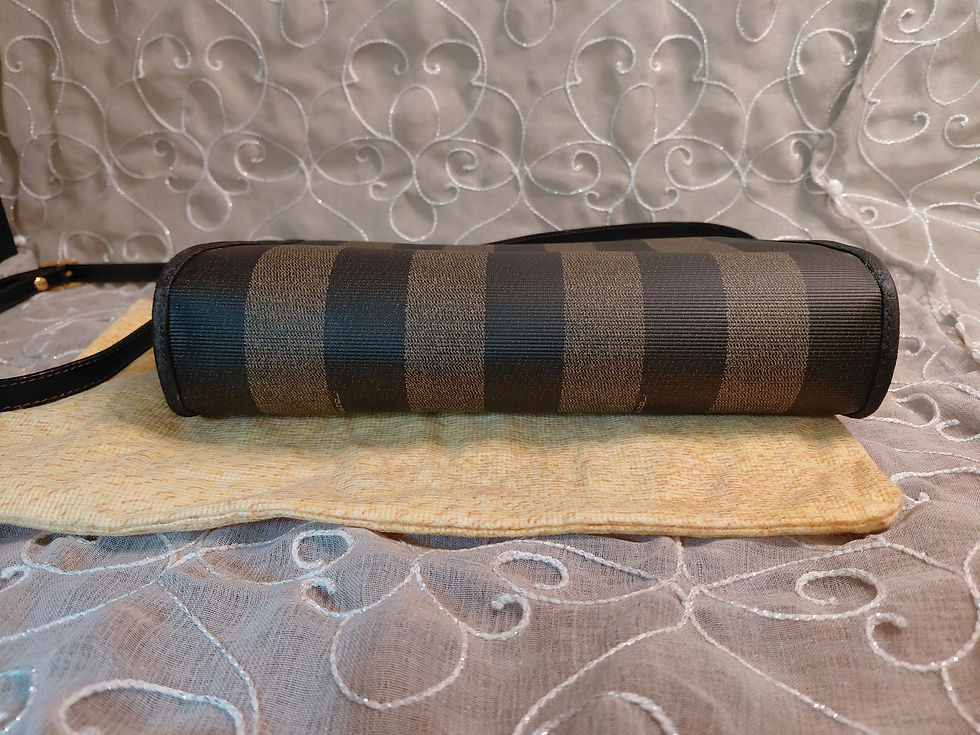 Thumbnail: Bottom view of vintage Fendi Pequin bag showing striped textile exterior and restored leather piping.