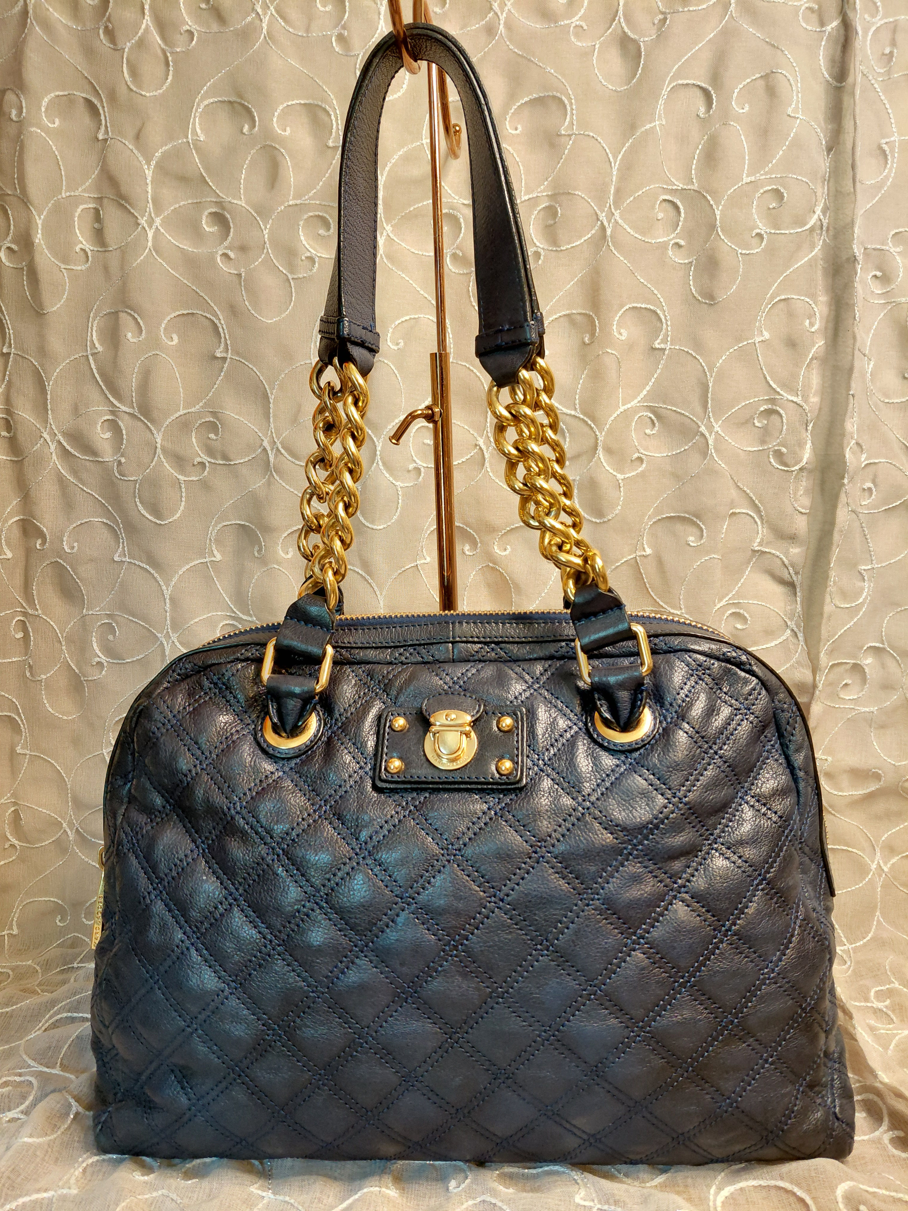 Marc Jacobs Karlie navy quilted leather shoulder bag with gold chain straps and push-lock hardware