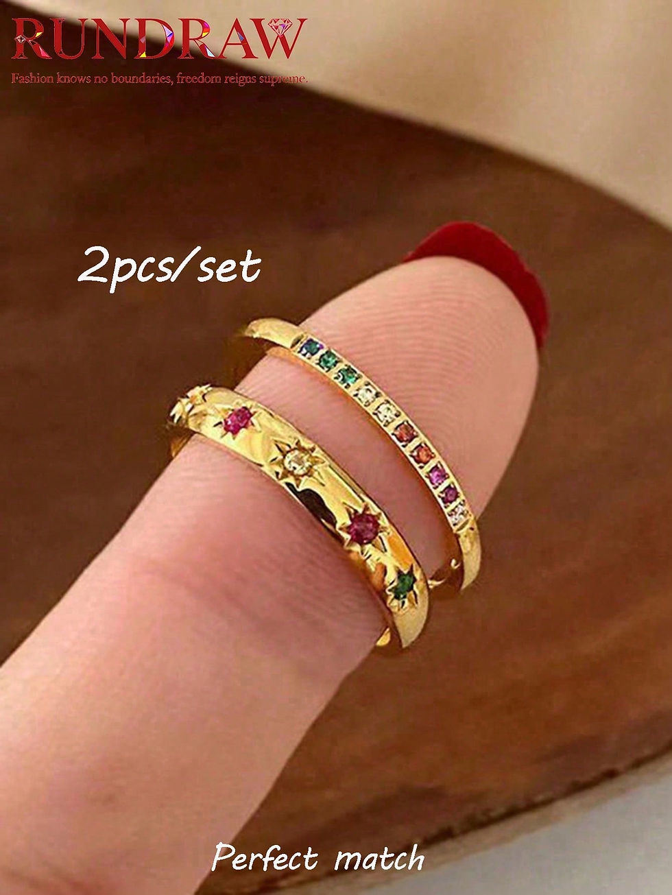 Thumbnail: 2pcs/Set Colorful Cubic Zirconia Gold-Tone Waterproof Star Rings Set, Jewelry Gi