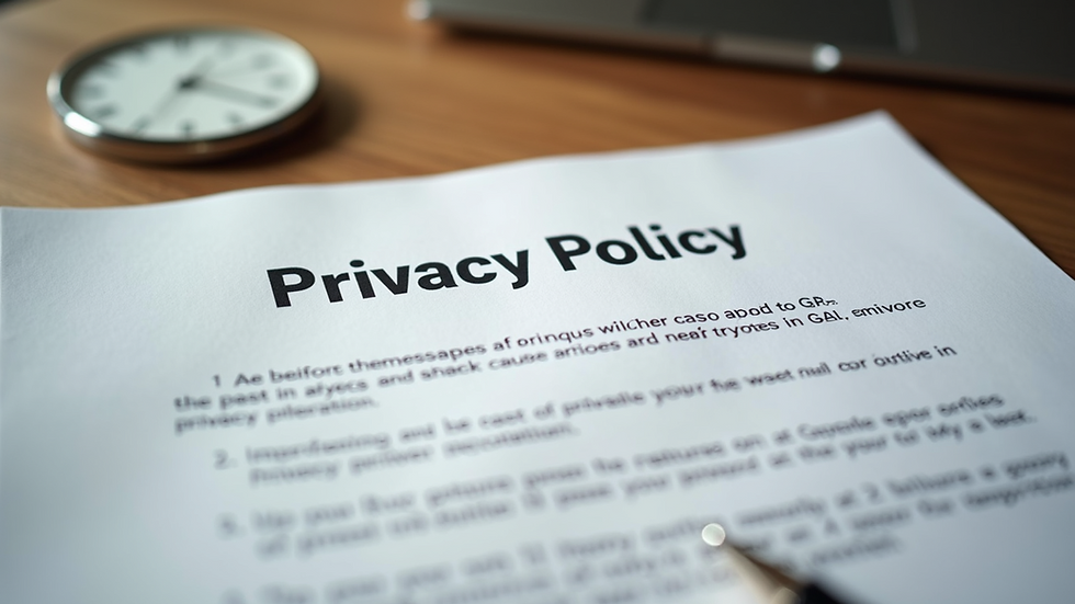 Close-up of a printed privacy policy document on a wooden desk