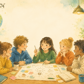 5人の若者が明るい部屋の丸テーブルで学習会。地球の絵や飛行機、付せんとノート、窓辺の観葉植物があり、楽しげに議論している。