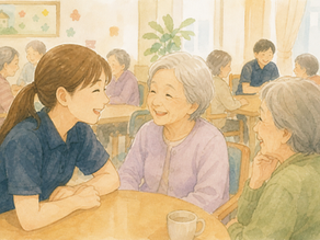 老人ホームで入居者である高齢者の方々と楽しそうに話すスタッフ