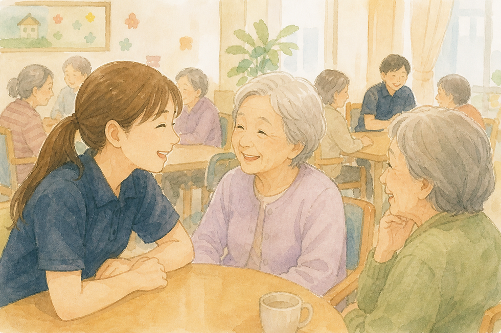 老人ホームで入居者である高齢者の方々と楽しそうに話すスタッフ