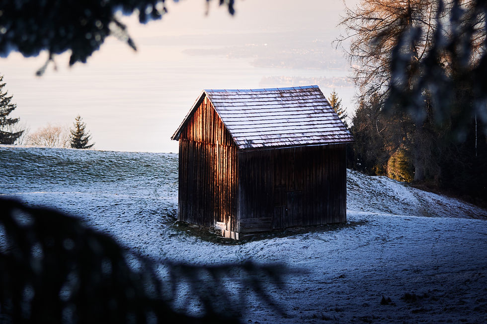 Kleine Holzhütte mit frostigem Dach auf verschneiter Wiese, im Morgenlicht vor nebligem See und Bäumen.