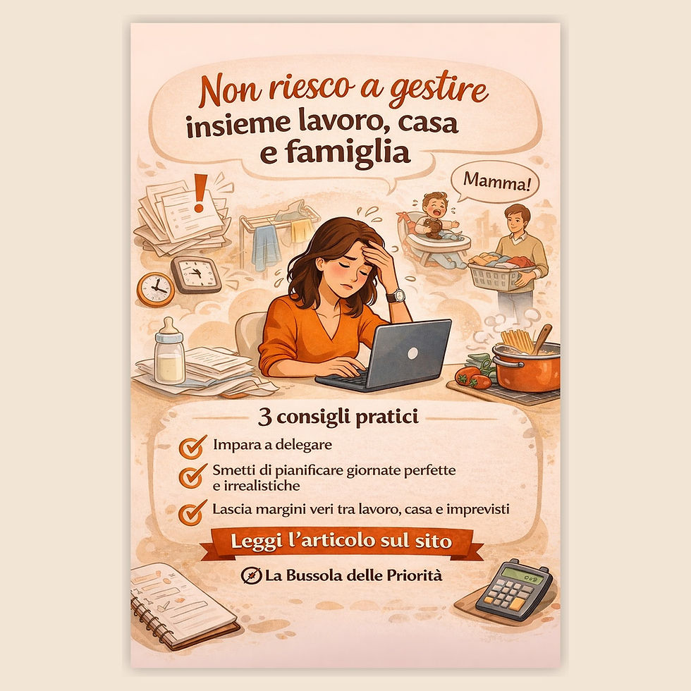 Illustrazione di donna in difficoltà mentre cerca di gestire insieme lavoro, casa e famiglia, con tre consigli pratici su delega, pianificazione realistica  gestione degli imprevisti
