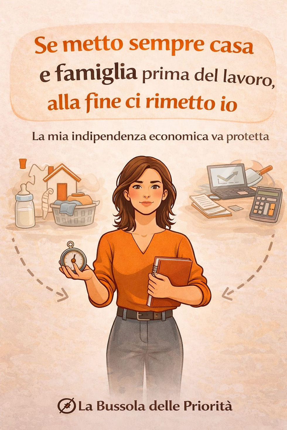 Immagine illustrata per articolo sulla self-leadership femminile, il carico mentale e il rischio di mettere casa e famiglia prima del lavoro, perdendo autonomia e indipendenza economica