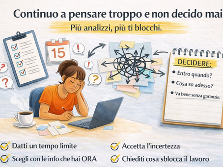 Illustrazione per l'articolo sulla difficoltà di prendere decisioni nel lavoro autonomo, con una donna al computer, frecce, domande e blocco note che rappresentano pensare troppo e non decidere mai