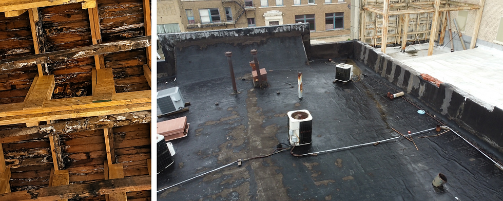 Left: Water damage visible on the underside of the roof decking inside the theater. Right: The deteriorated roof before replacement.