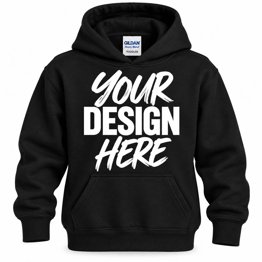 Black Gildan toddler hoodie with 'Your Design Here' text