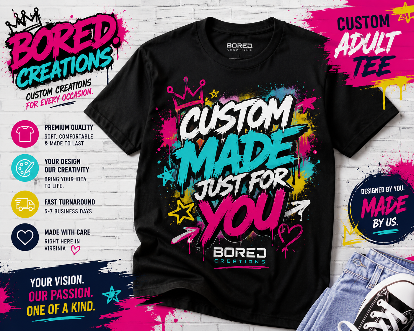 Black Adult T-Shirt with graffiti style Custom Made Just For You text by Bored Creations