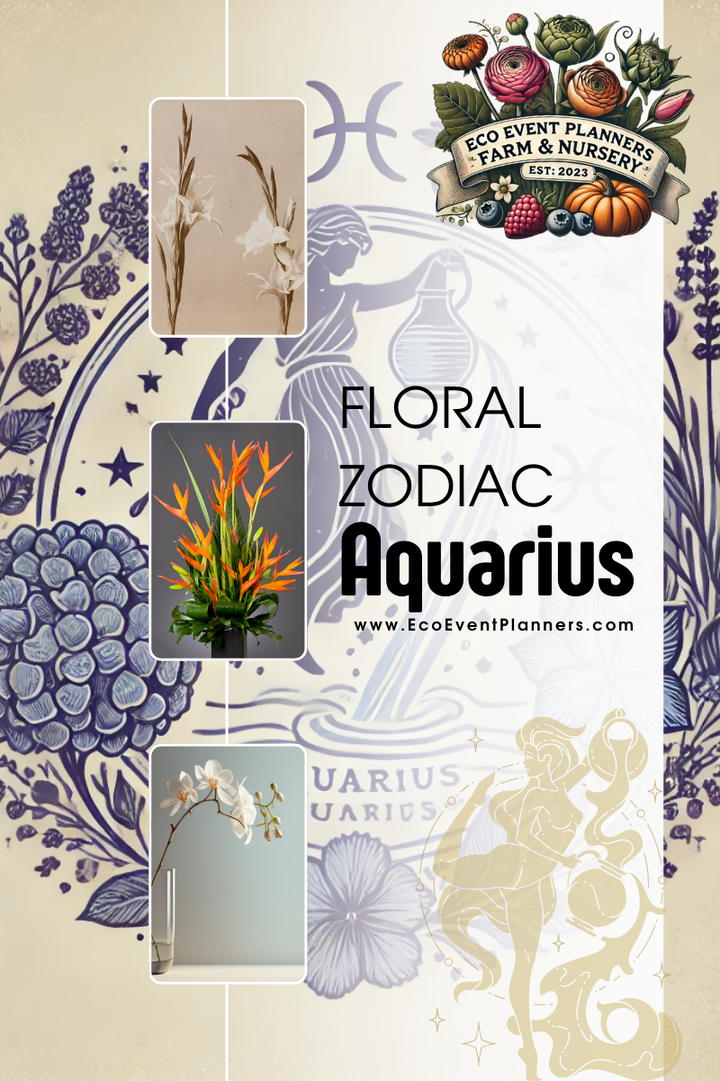 Floral Aquarius theme with vintage flowers, zodiac symbols, and "Floral Zodiac Aquarius" text. Eco Event Planners logo and website included.