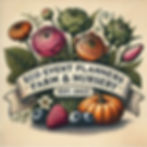 Colorful flowers and fruits with a banner reading "Eco Event Planners Farm & Nursery, Est: 2023." Features pumpkin, berries, and florals.