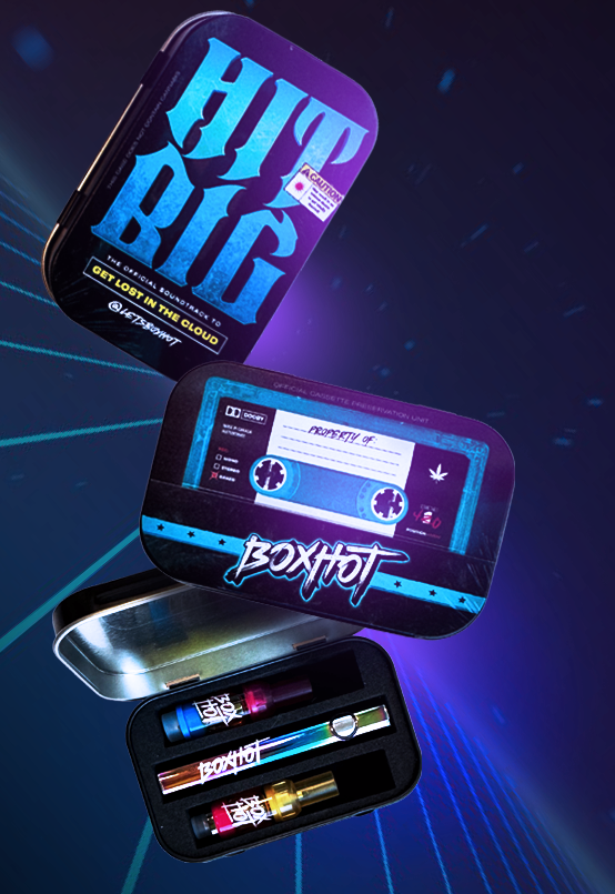 A BOXHOT stash tin in black and blue, designed to look like a cassette tape.