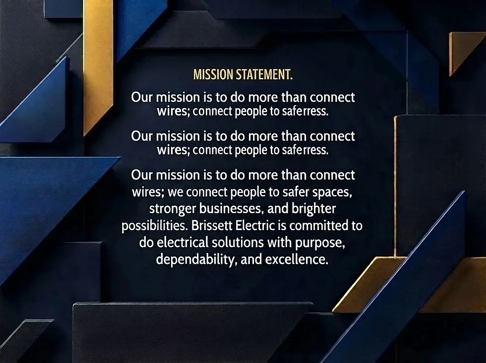 Graphic design displaying a mission statement for Brissett Electric, set against a dark blue and gold angular background. The clean typography highlights a corporate commitment to safety and electrical solutions.