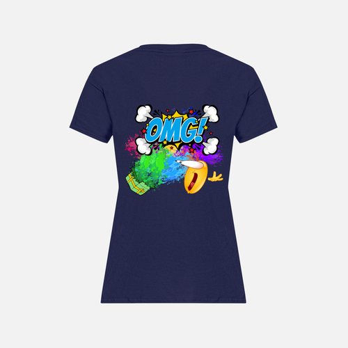 Thumbnail: paint, splatter, blue, red, purple, yellow, pink, green, emoji, present, omg, bones, cloud, cartoon, women's t-shirt