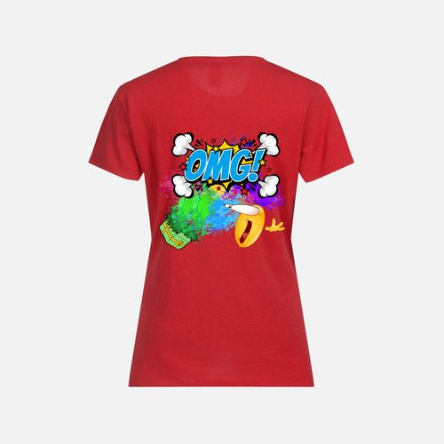 Thumbnail: paint, splatter, blue, red, purple, yellow, pink, green, emoji, present, omg, bones, cloud, cartoon, women's t-shirt