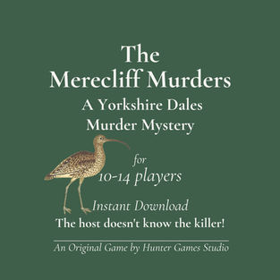 Tile reads: The Merecliff Murders. A Yorkshire DAles murder mystery for 10-14 players. Instant download