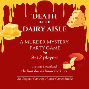 Tile reads: Death in the Dairy Aisle. A Murder mystery party game for 9-12 players. Instant download