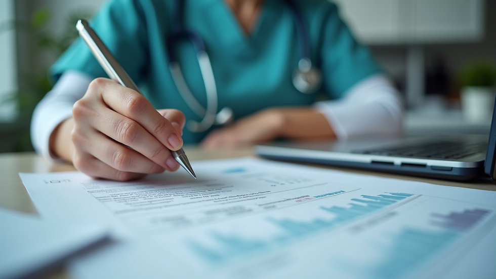 Eye-level view of a nurse reviewing financial documents at a desk