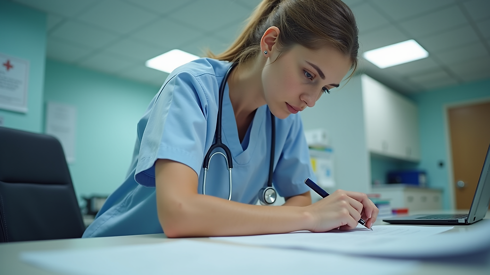 Eye-level view of a nurse reviewing paperwork at a hospital desk