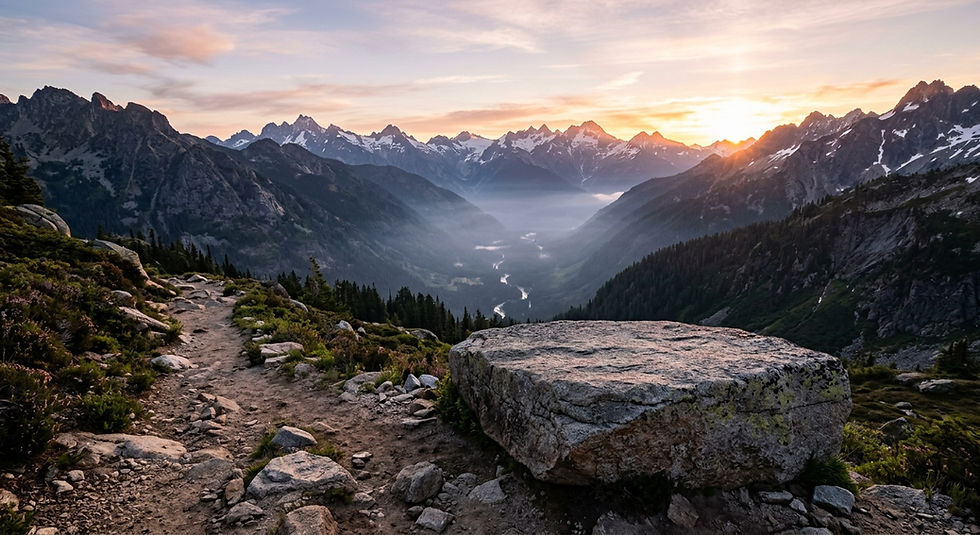 Wide mountain landscape at sunrise