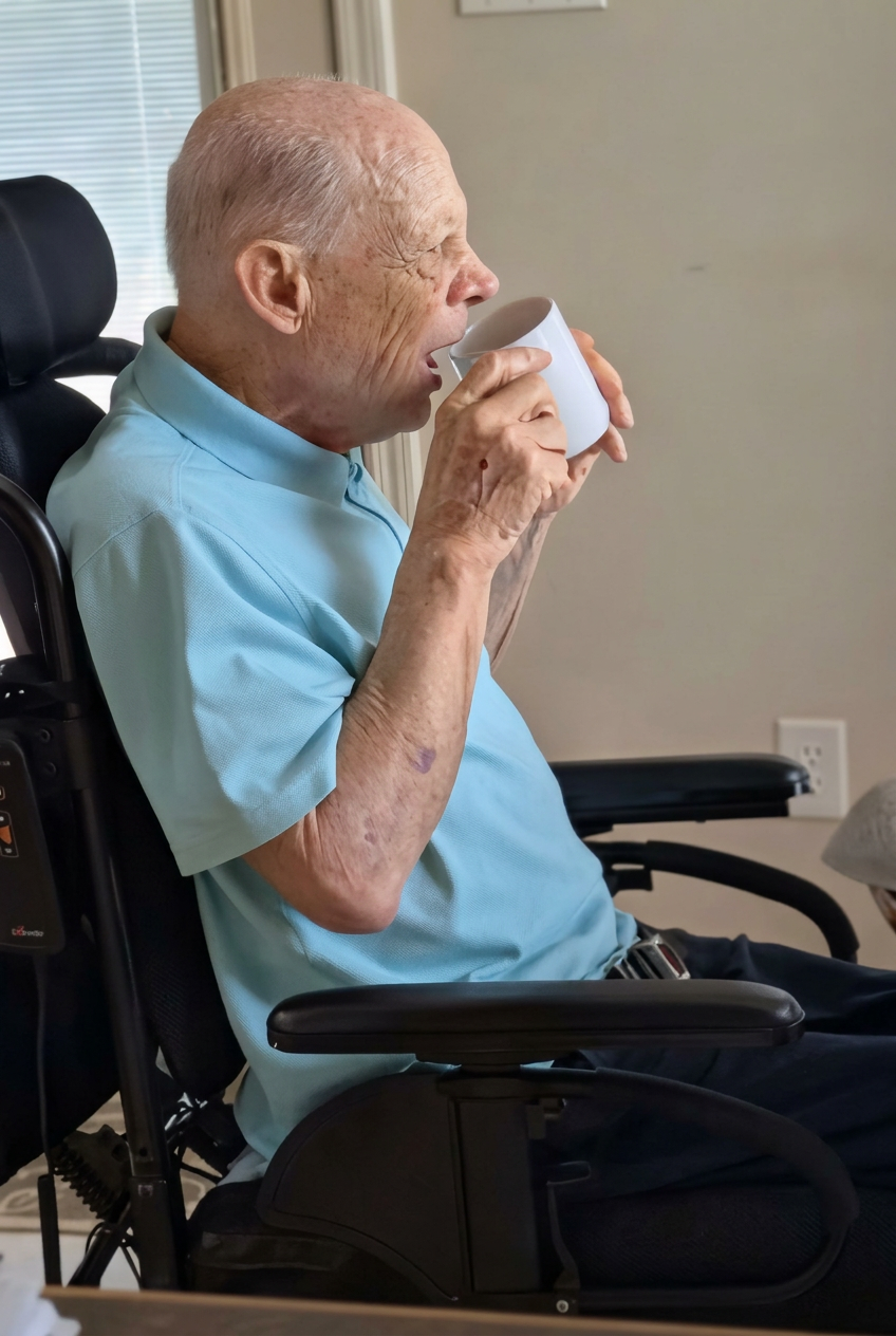 Photography of an elderly man in a wheelchair drinking from a white mug. The scene captures a quiet, everyday moment.