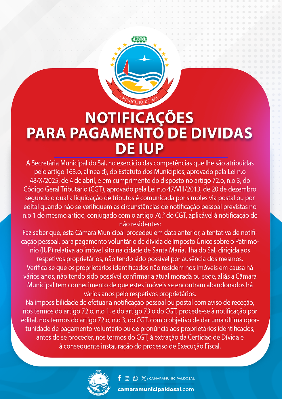 Notificações para pagamento de dividas de IUP