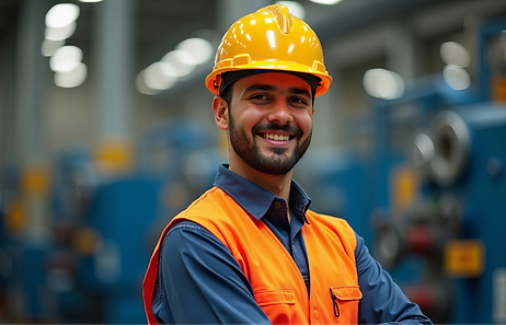 Skilled worker wearing a hard hat and safety vest standing in an industrial workplace.