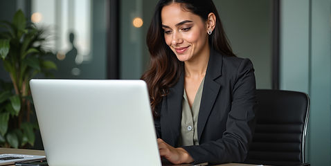 A professional woman working on a laptop at her desk in an office setting.