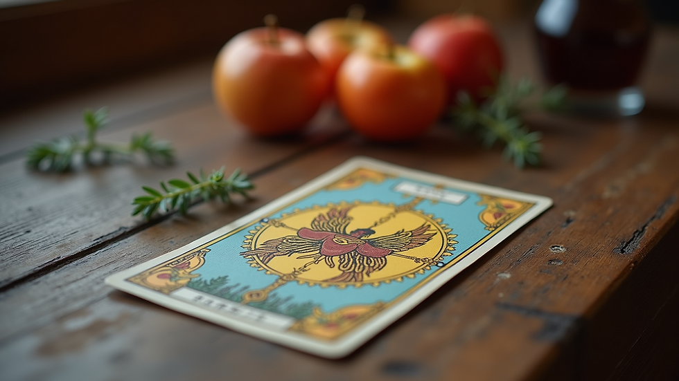 Close-up view of a tarot card spread on a wooden table
