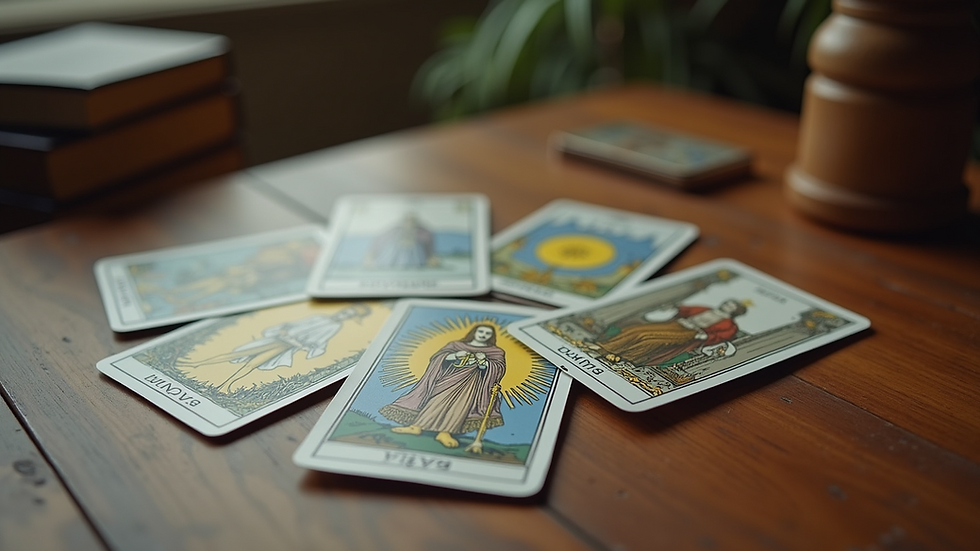 Close-up view of a tarot card spread on a wooden table