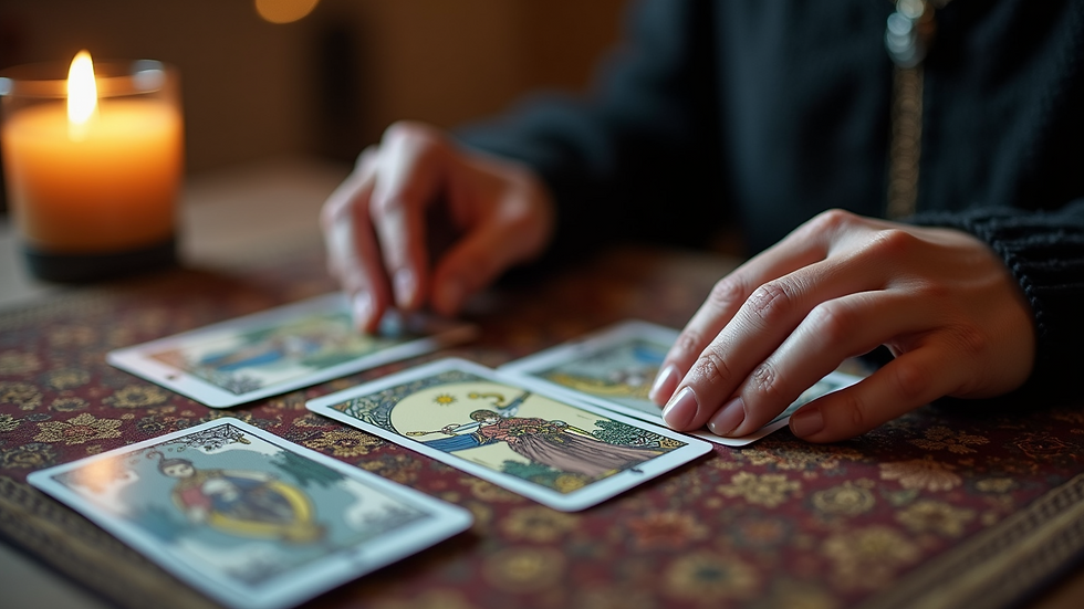 Close-up view of a psychic reading session with tarot cards