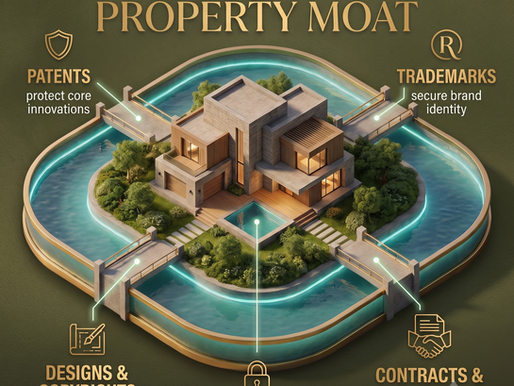 Intellectual property moat diagram showing patents, trademarks, copyrights, trade secrets and contracts surrounding a protected brand — by Dawn Owens Ross, patent attorney