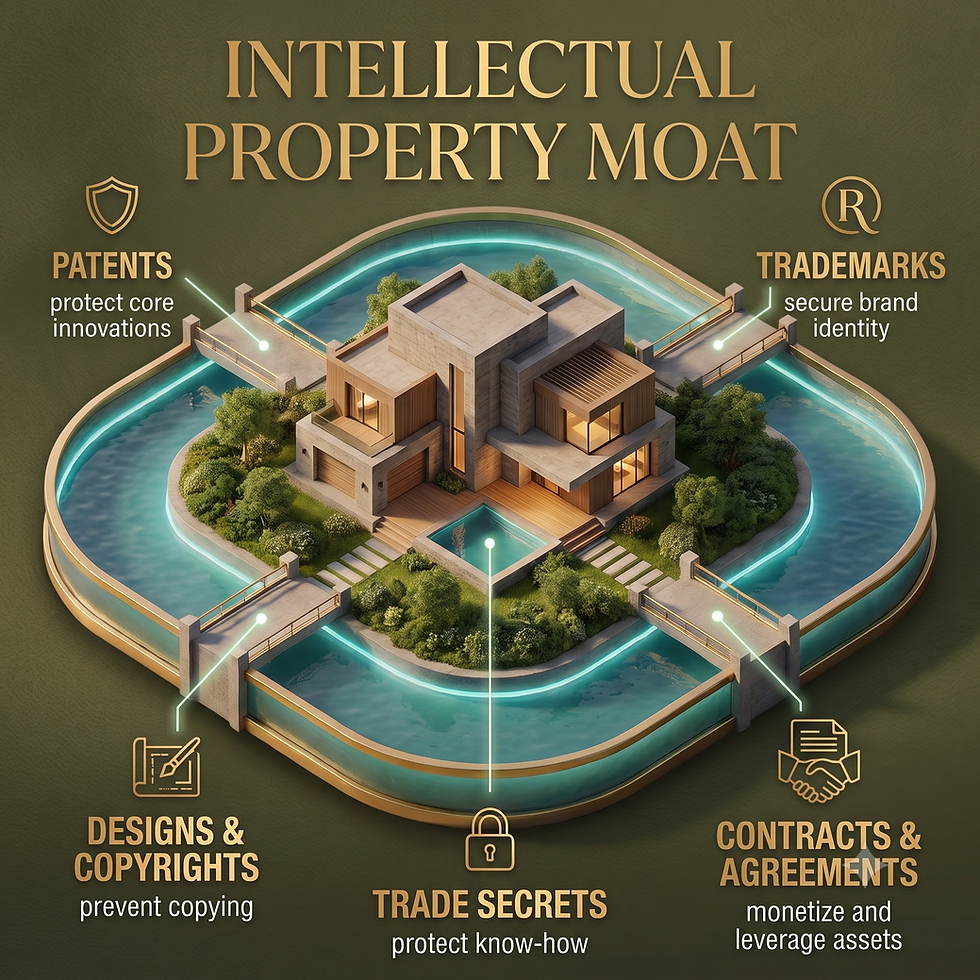 Intellectual property moat diagram showing patents, trademarks, copyrights, trade secrets and contracts surrounding a protected brand — by Dawn Owens Ross, patent attorney
