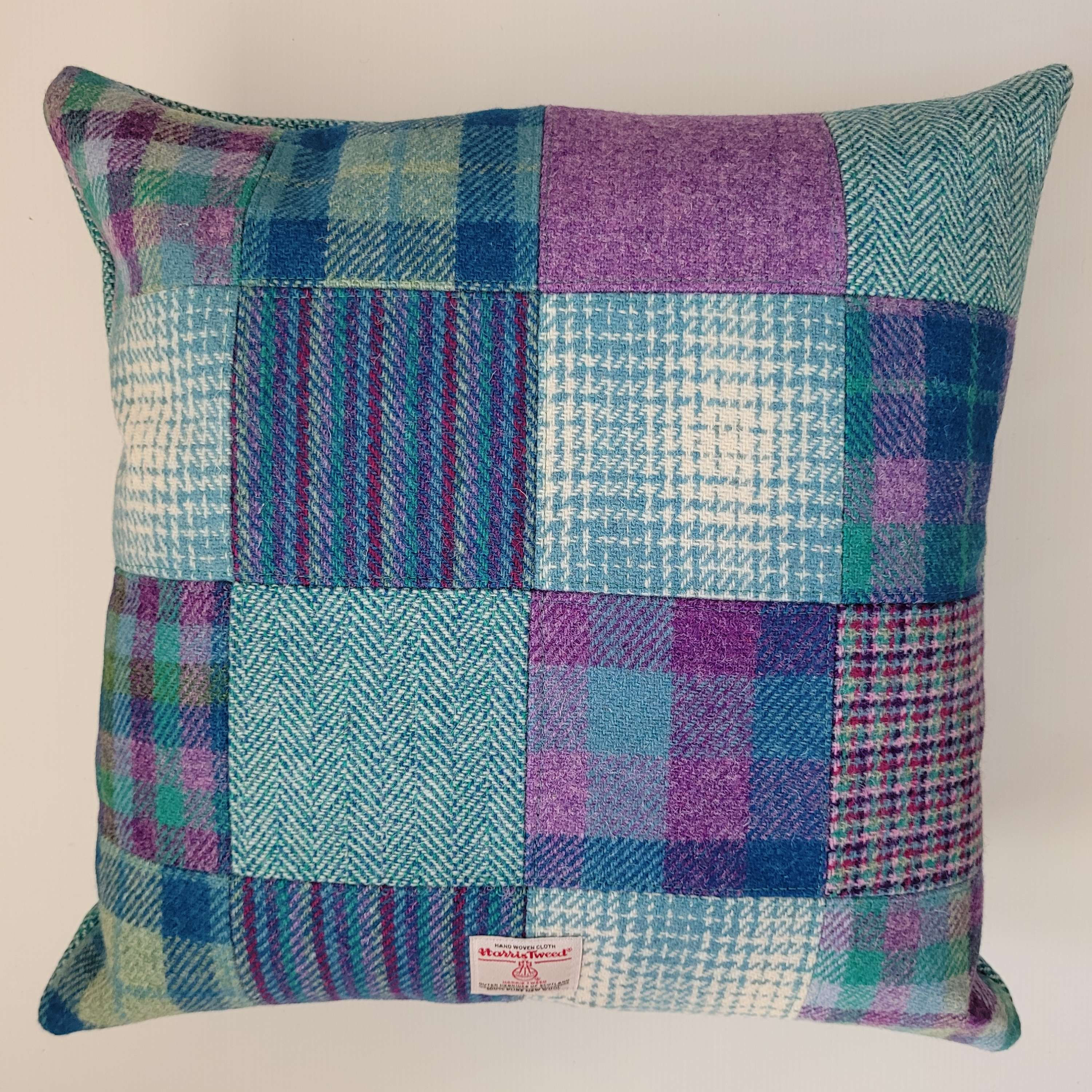Patchwork Harris Tweed Cushion - Teal and White