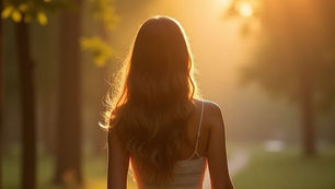 Mulher caminhando por uma trilha iluminada pelo sol entre árvores, simbolizando o autoconhecimento, a reconexão consigo mesma e o caminho de volta para si.