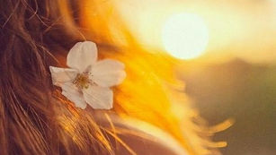mulher com cabelos ao vento, com uma flor branca, sobre uma luz dourada do pôr do sol